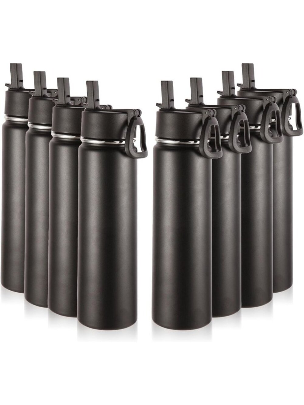24oz Insulated Water Bottles with Straw Lid - Black, Set of 8 for Hydration